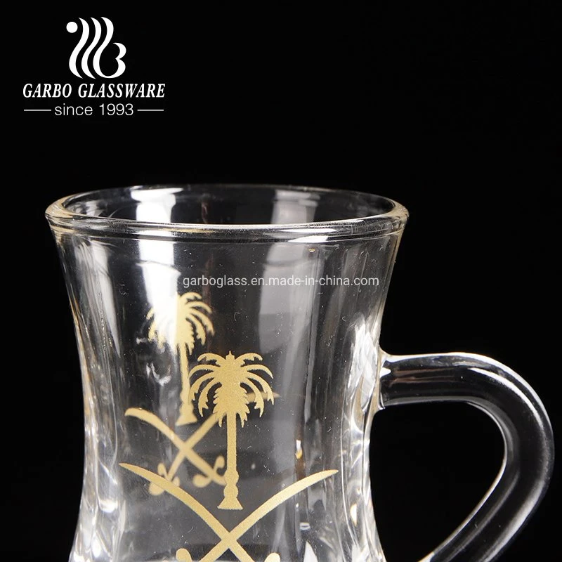 Taça de café turco Cawa de vidro cristal Garbo de 80 ml, Saudi Canecas de chá árabe com pega e adesivo Real Gold