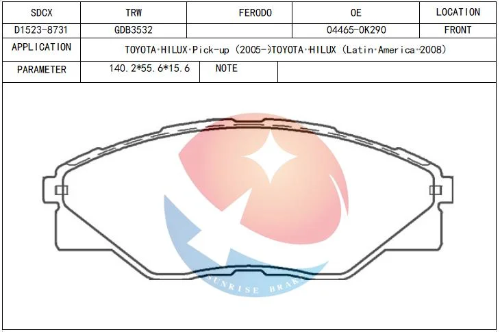 Sdcx D1523 Auto Front Genuine Quality Wholesale/Supplier Disc 04465-0K290 2524601 Gdb3532 Mdb3272 1466.00 for Toyota Ceramic Brake Pads