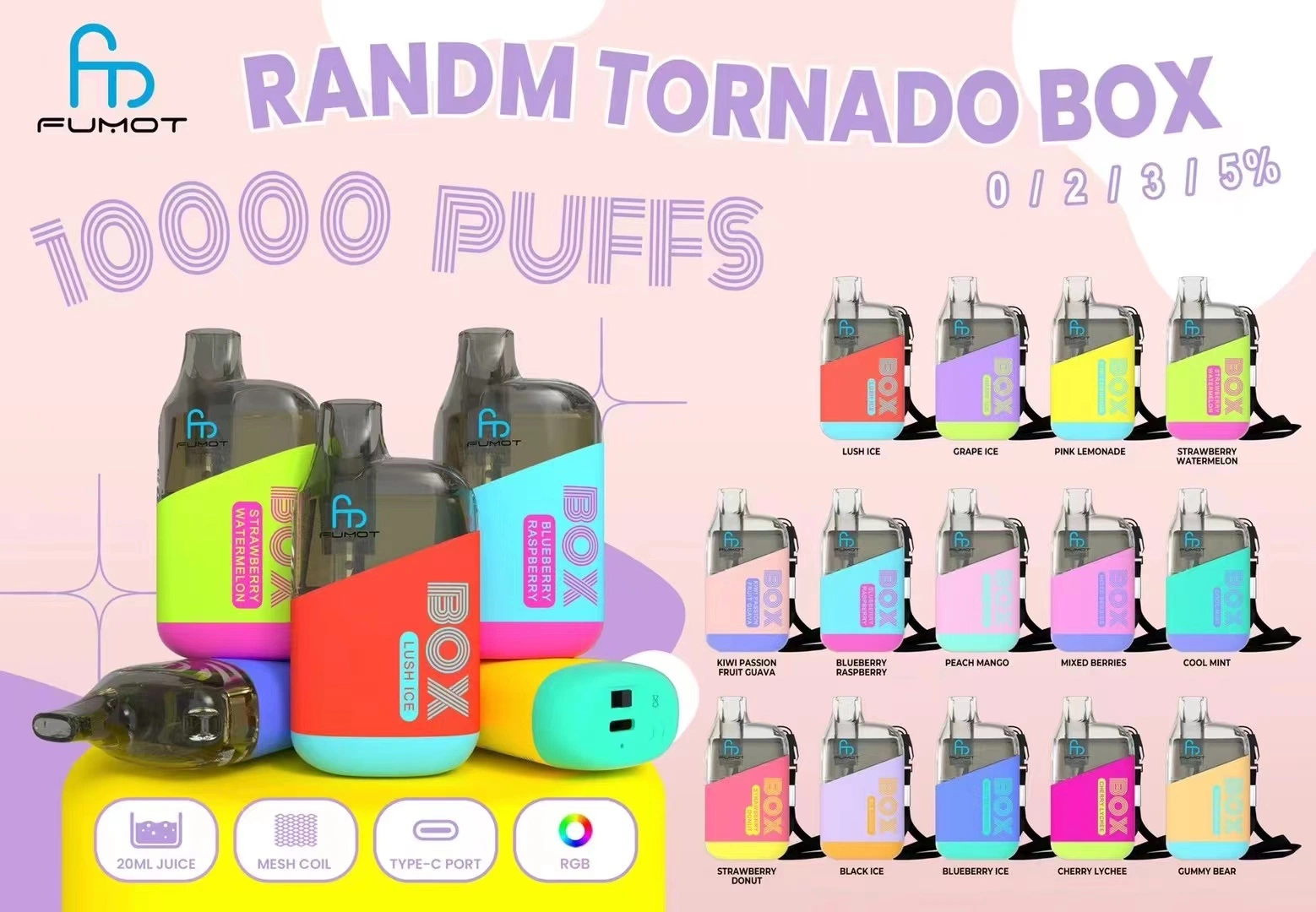Wholesale/Supplier Factory Price 10000 Puffs Fumot Tornado Box Mesh Coil RGB Light Disposable/Chargeable Vapes