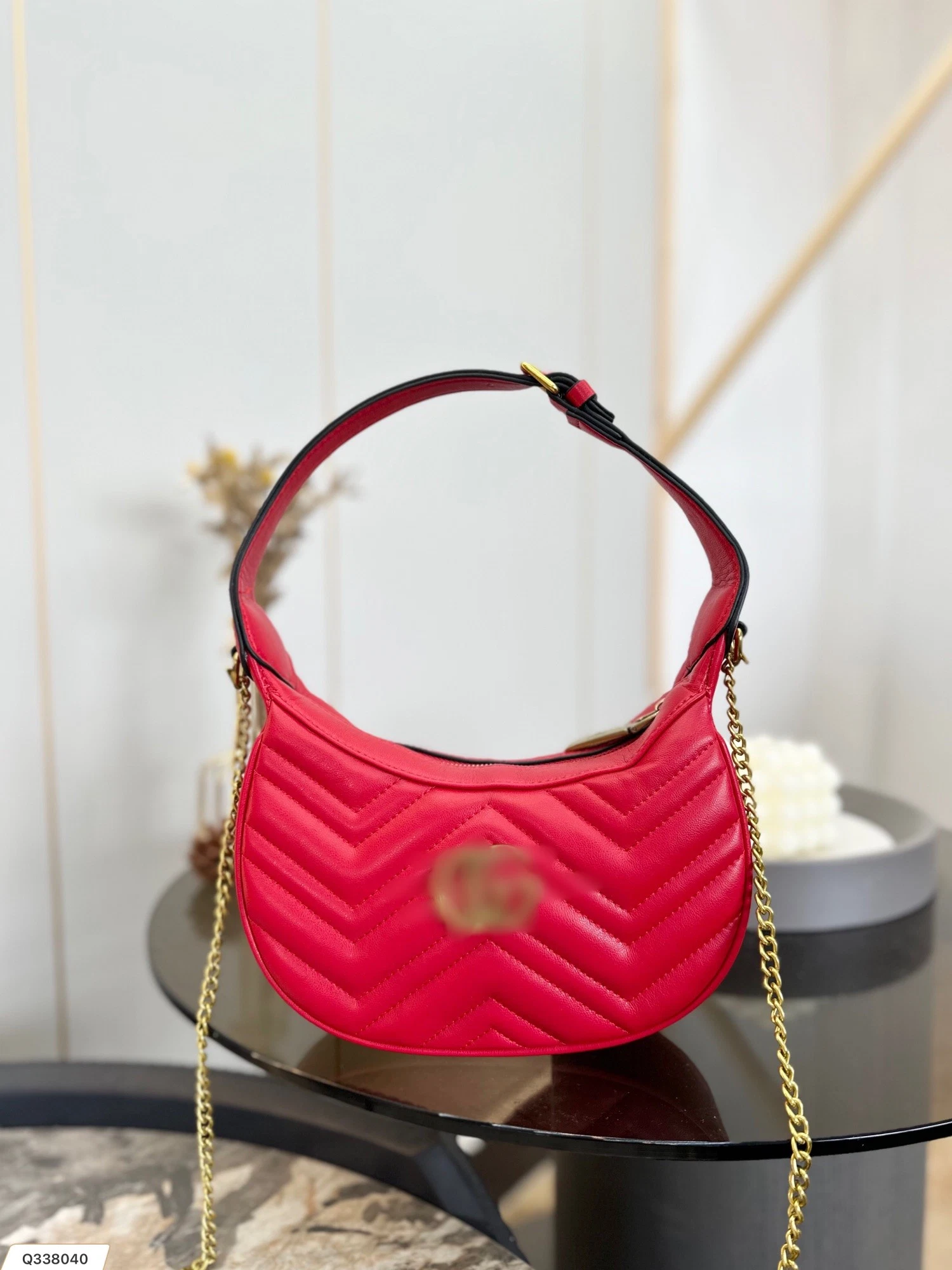 Bright Red Leather Shoulder Bag with Golden Metal Button New Moon Shape Underarm Bag for Women