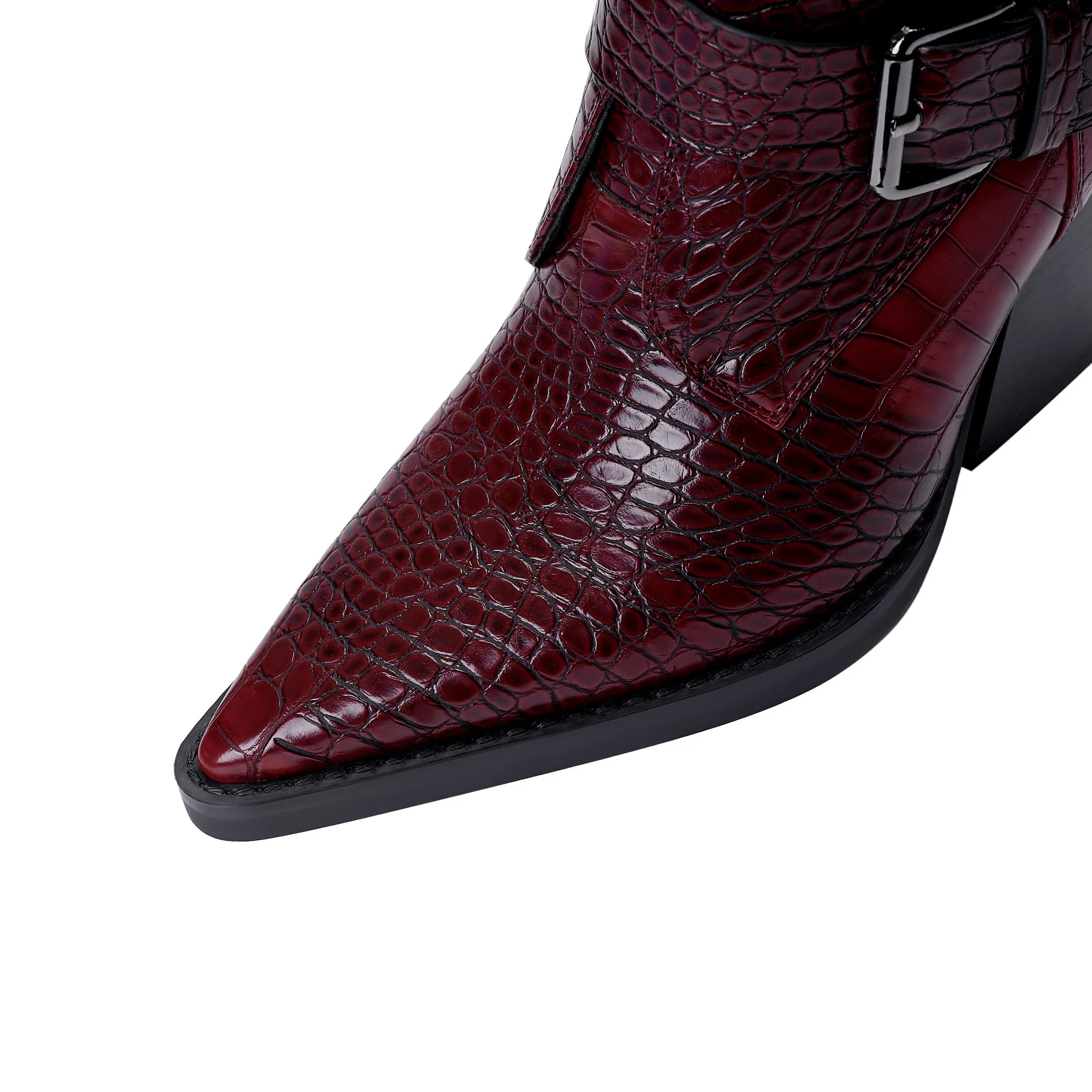 Pointed Toe Burgundy Croco PU Lady Boots Buckled Strap Blocked High Heel Women Ankle Boots