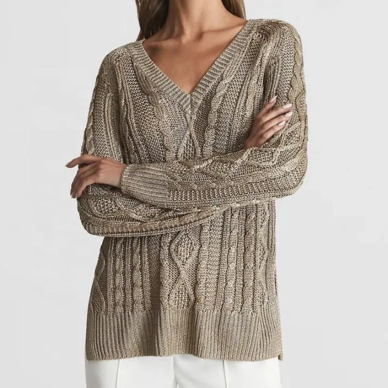 2023 Invierno personalizado suelto con cuello en V Señoras Tops de cultivo de la mujer de puente de tejer Pullover suéter tejido