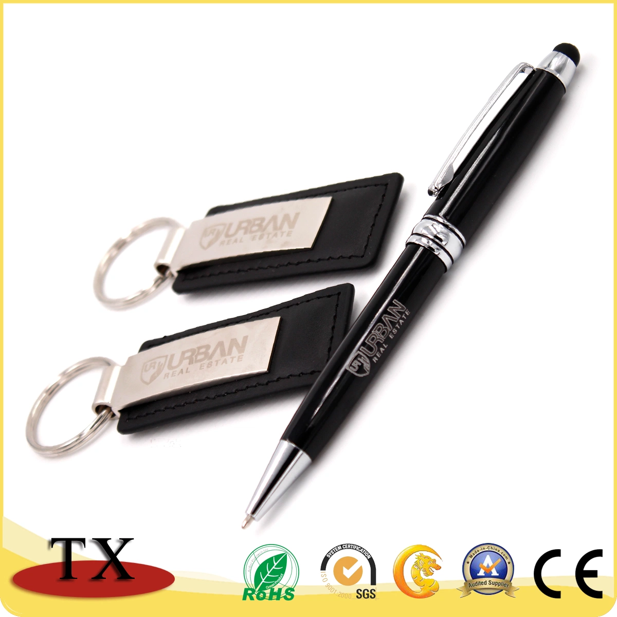 Special Metal Leather Key Chain with Metal Clip and Pen