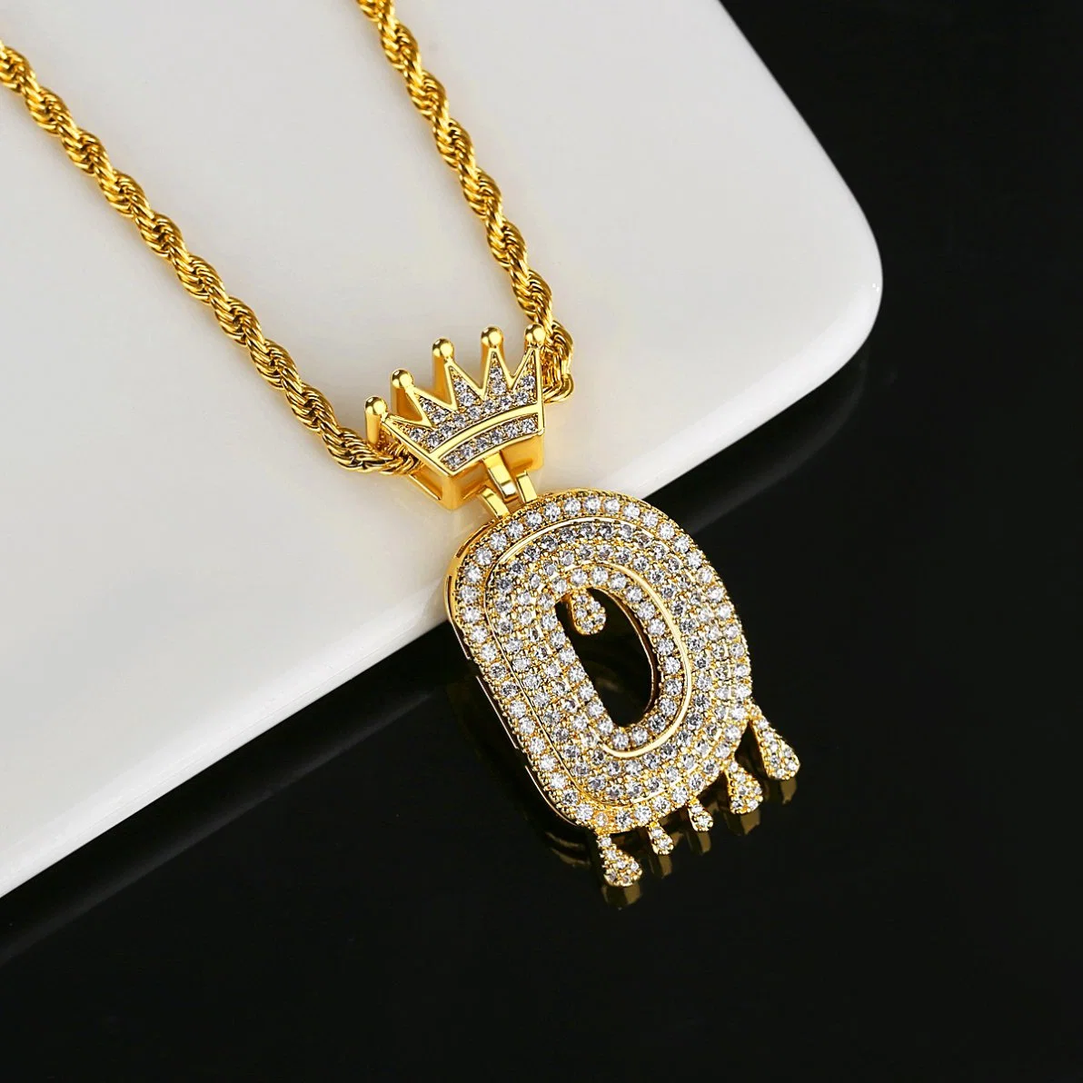 Men Gold Plated Hip Hop Twist Chain 26 Initial Letter Pendant Necklace Jewelry with Full 3A Zircon Stone