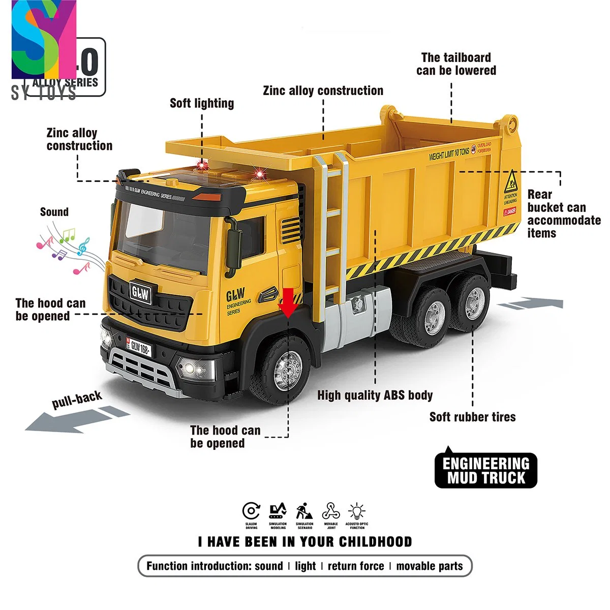 SY Toys Hot Sell 1: 40 Моделирование Truck Toys Engineering Vehicle Music and Light Kid Car Toys
