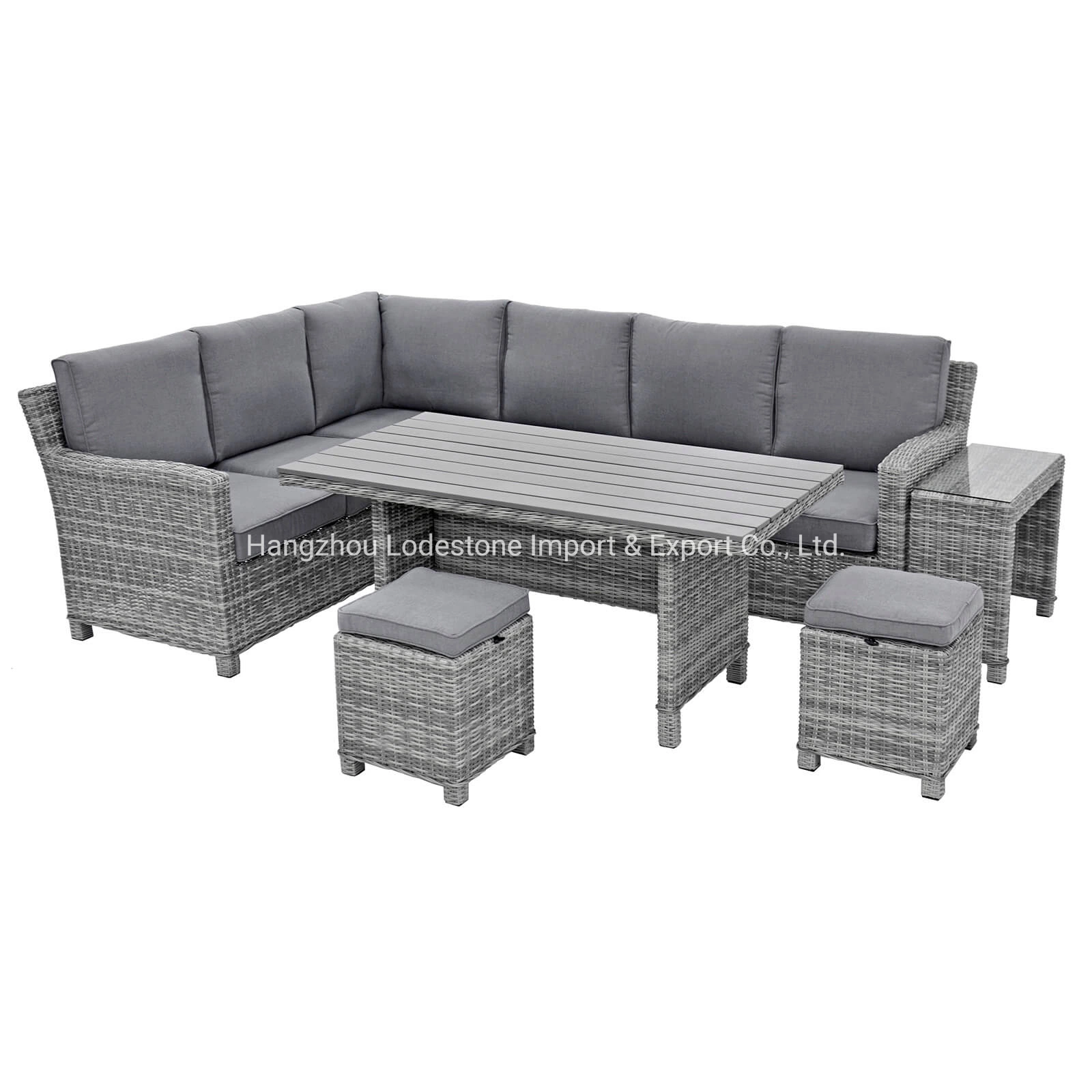 New Design Modern Dark Grey Corner Dining Lounge Garden Rattan Furniture Sofa Set with PS Wood Table and Two Footstool