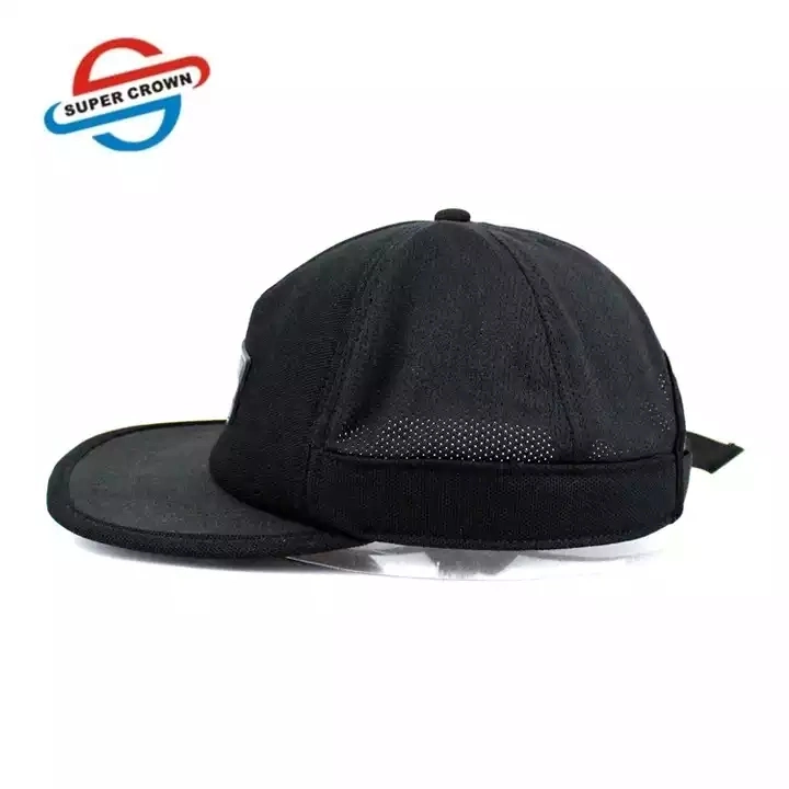 Custom Logo Nylon Mesh Fabric 5 Panel Hat Leather Patch Reflect Brim Gorras Sport Running Cap Black Snapback Hats