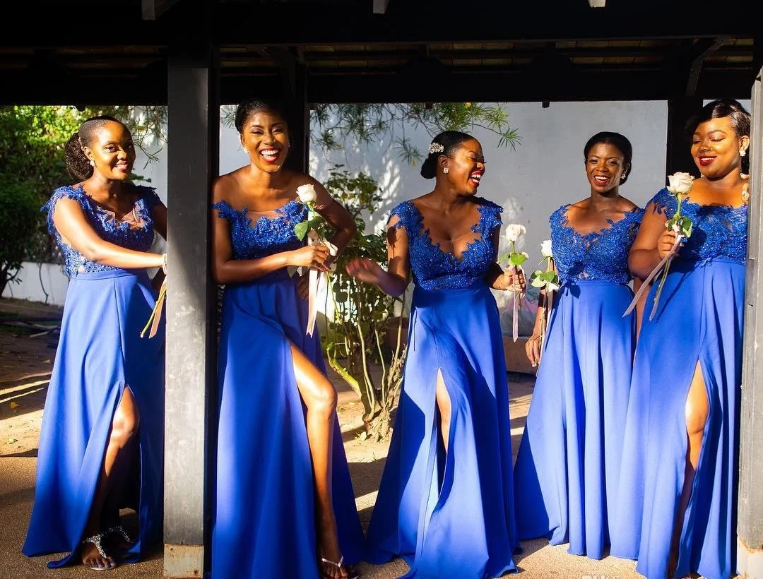 African Royal Blue Bridesmaid Dresses A Line Cap Sleeve Chiffon Lace Maid of Honor Gowns A9