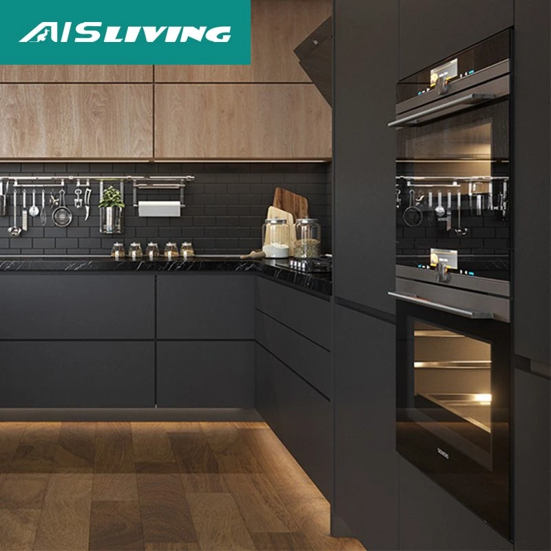 Complete Customers Contemporary Designs Aluminium Italian Units Set Black L Shaped Kitchen Cabinets Furniture Ready to Assemble