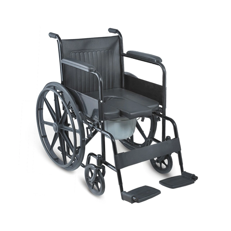 Manual Medical Fold Powder Coating Steel Transport Commode Wheelchair with Bedpan