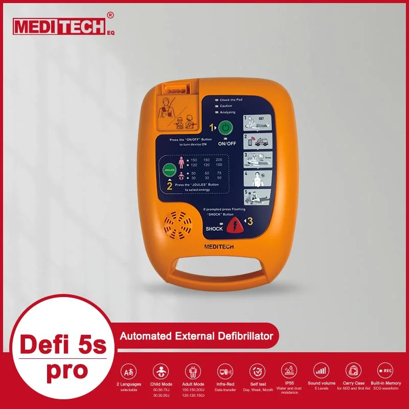 Desfibrilador portátil Meditech Defi5s PRO con multi lenguaje utilizado para primeros auxilios