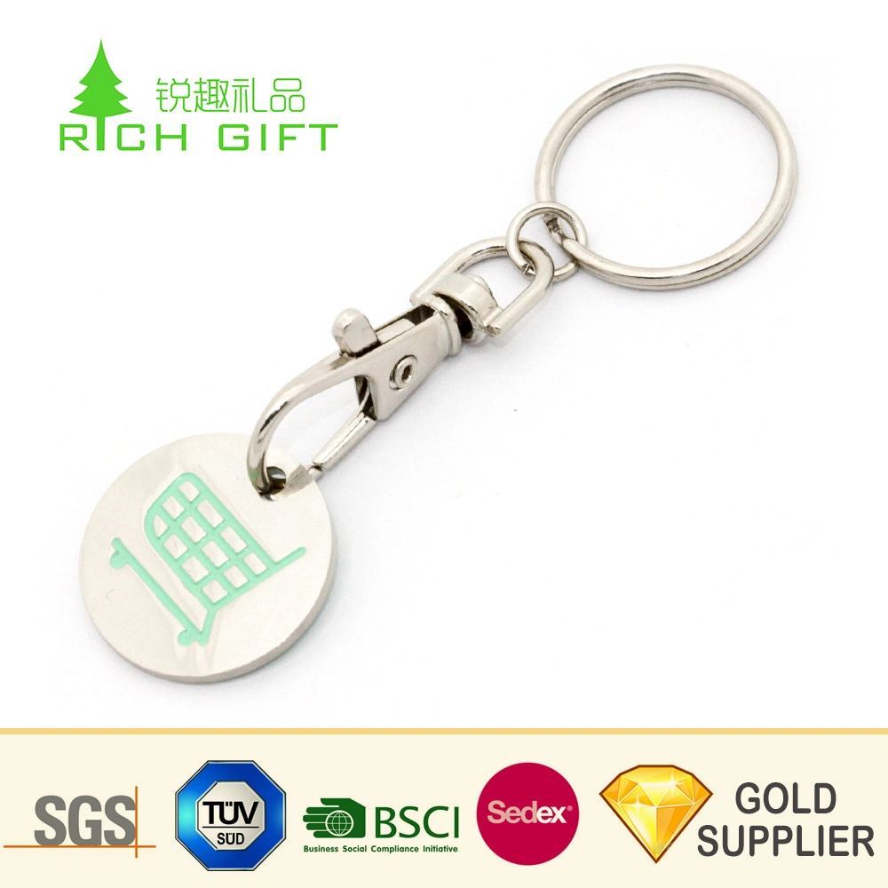 Custom Promotion Supermarket Shopping Cart Round Brass Metal Keychain Tag Trolley Coin Plastic UK Silver Color Embossed Stamping Key Holder Keyring Token Coin