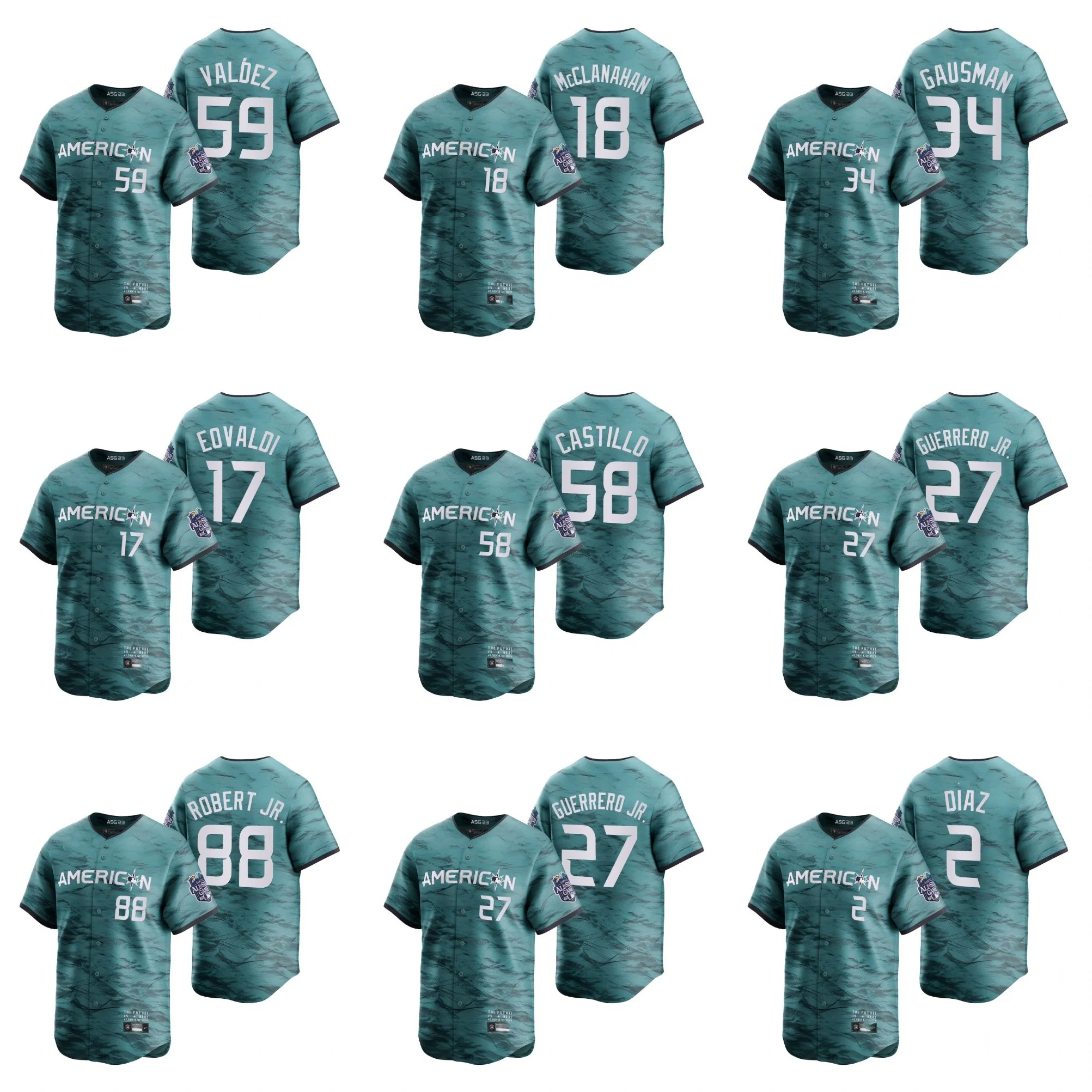 Al por mayor Dropshipping Liga Americana Emmanuel Clase Teal 2023 M-L-B All-Star Camiseta limitada de juego