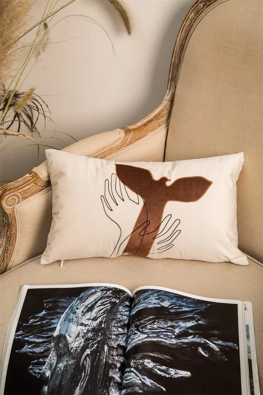 Home Products Fashionable Velvet Embroidery Brown Copper Beige Peace Pigeon and Hand Embroidery Applique Decorate Pillow 30X50cm Rectangular Cover Cushion