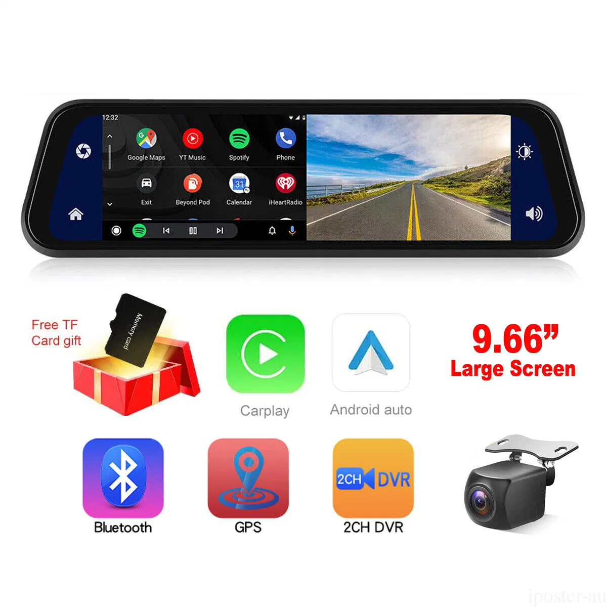 9,66" Wireless Carplay Android Pantalla Auto guión Cam registro de conducir de coche GPS DVR