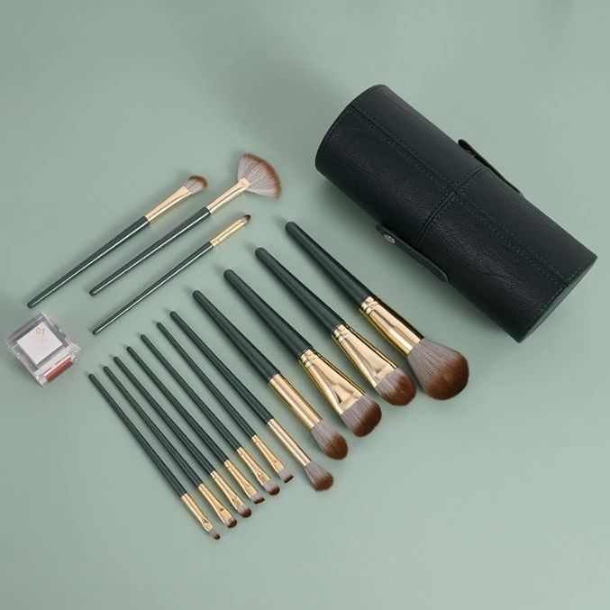 Private Label Hot Selling Cosmetic Brush Tool 14PCS Synthetic Makeup Brushes Green Color Wood Handle Eyeshadow Makeup Brush Set