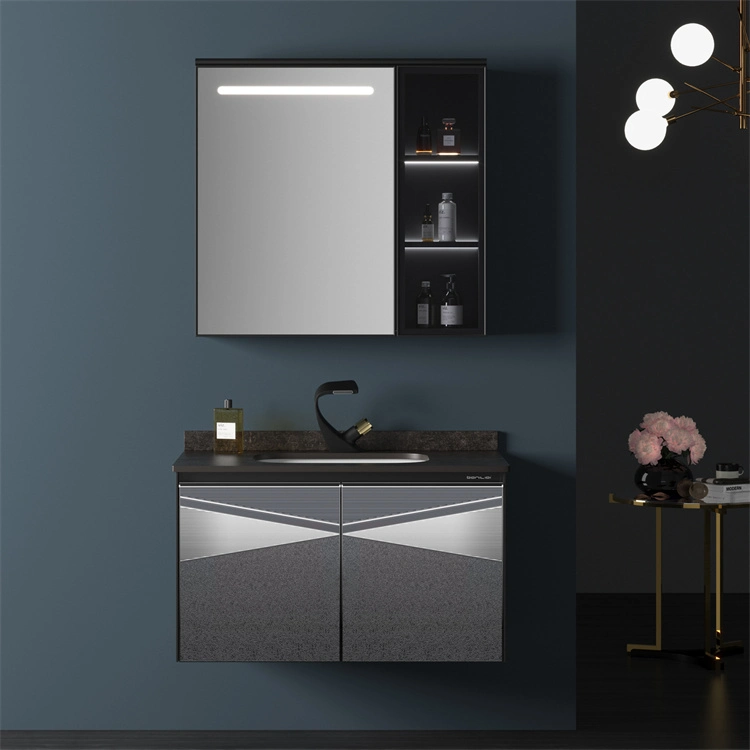 Modern Design Bathroom Cabinet Sintered Stone Vanity Countertop LED Mirror Luxury Bath Furniture Combo