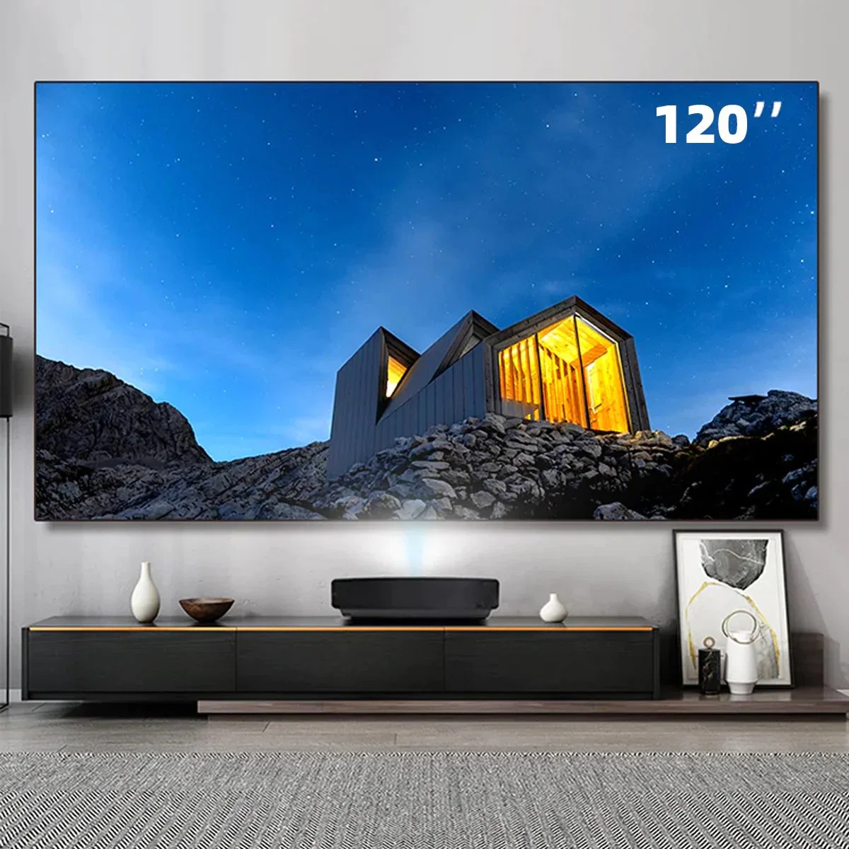 شاشة تلفاز تعمل بالليزر Fresnel شاشة عرض ذات آلية سحب القفل الأوتوماتيكي (ALR) مقاس 120 بوصة ذات إسقاط قصير جدًا شاشة عرض ذات إطار ثابت يبلغ 8 آلاف صفحة وشاشة عرض للمسرح المنزلي/لعبة الفيديو.