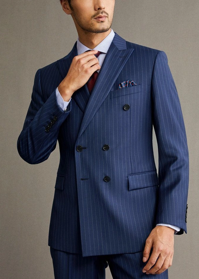 Men&prime; S Suit Blue Striped Double-Breasted Suit British Style Business Slim Fitting Suit Suitable for Office Business Wedding