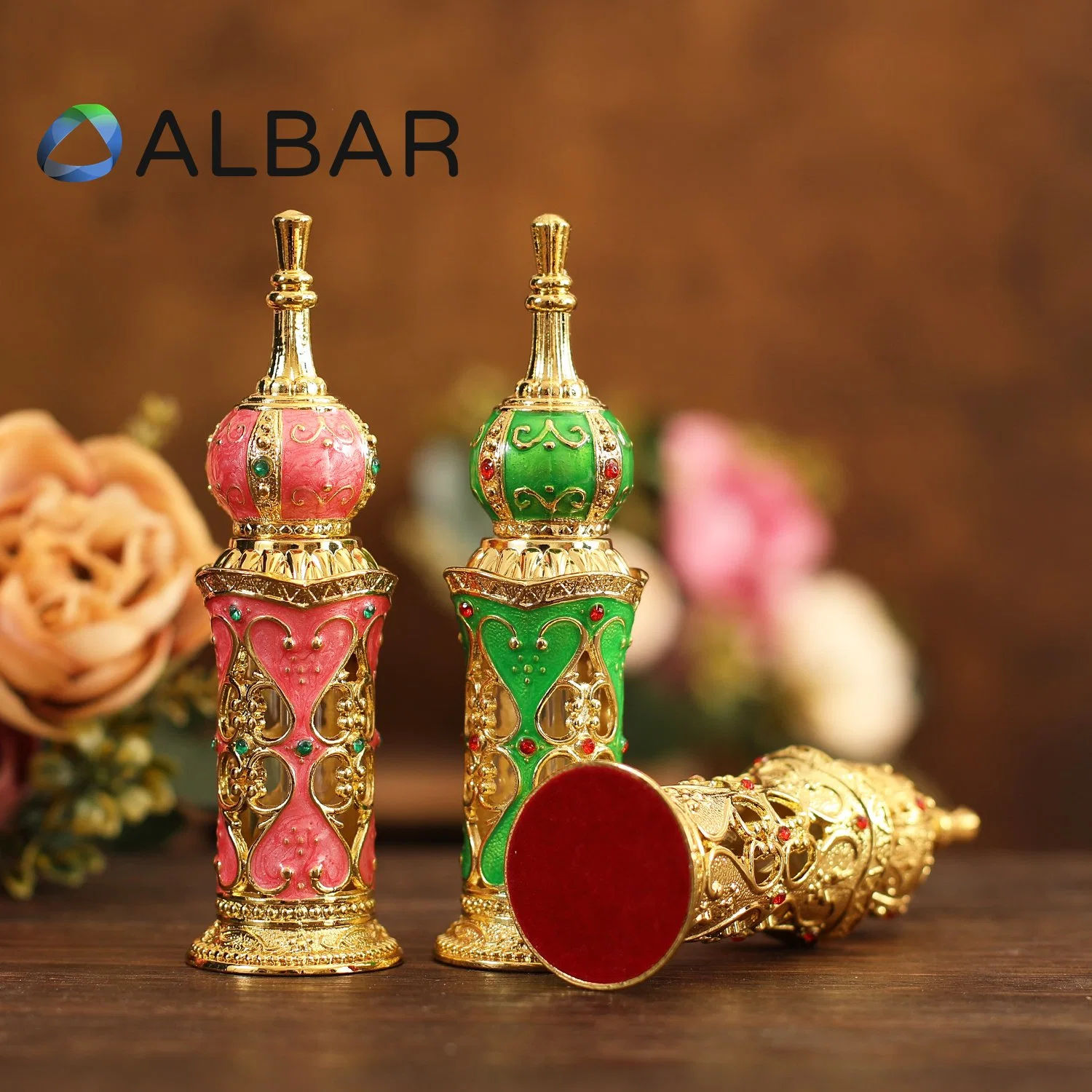 Round Caps Attar Oud Zamac Perfume Bottles with Glass Sticks Green Pink Gold