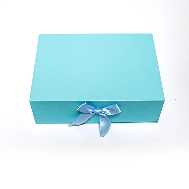 Luxury Logo Custom Blue Printing Rigid Magnetic Paper Gift Box with Bow Decoration