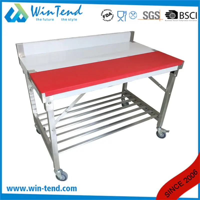 Best Offer Folding Stainless Steel Work Table with PE Board and Wheels