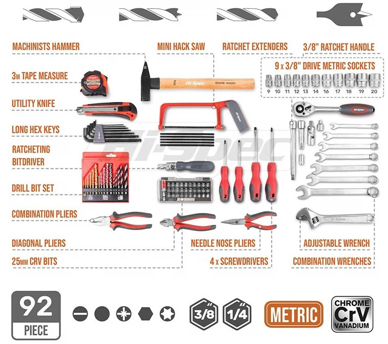 Behappy 92PCS Chrome Vanadium Hand Tool Box Set Hand Tool Set in Aluminum Tool Case Kit