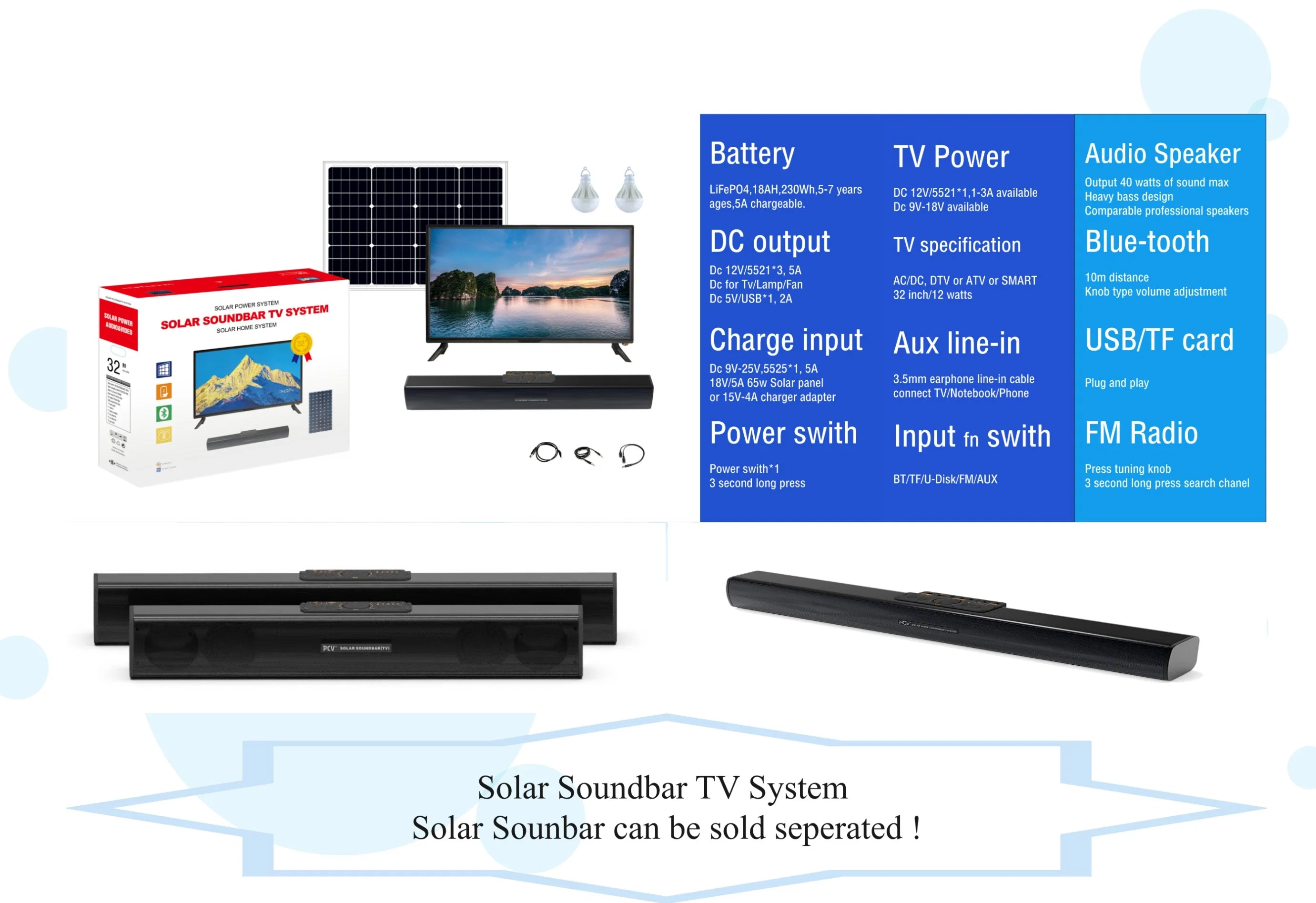 Cost-Effective Solar Sound-Bar TV System for Solar Electricity Supply Satisfy Your Home Energy Needs with HiFi Sound-Bar & Solar TV Perfect Audio & Video