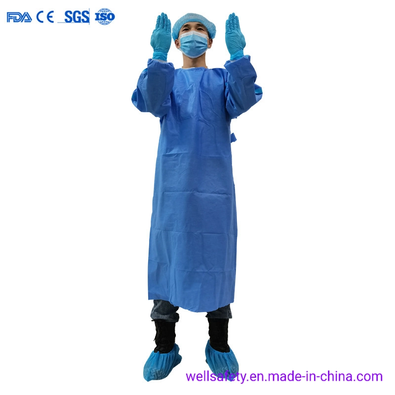 Venta directa de fábrica AAMI nivel 3 desechable SMS Blue Surgical Manguito de punto de bata con tira adhesiva 45g Hospital aislamiento especial Sangre anti-líquido de bata En1412