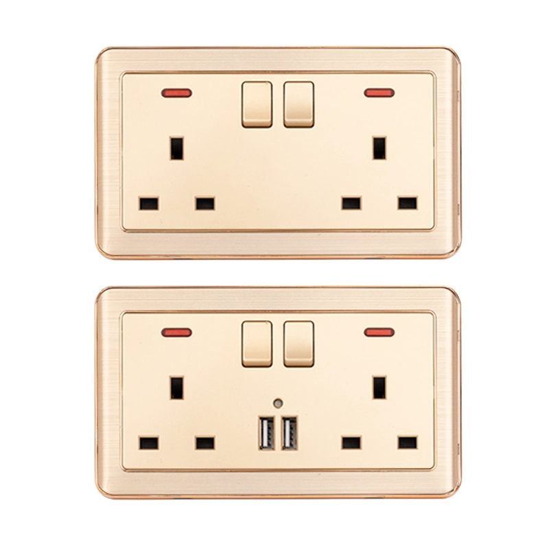 Receptacle Price British Golden Dual 13A Wall Electrical Power Socket with USB Charge Ports