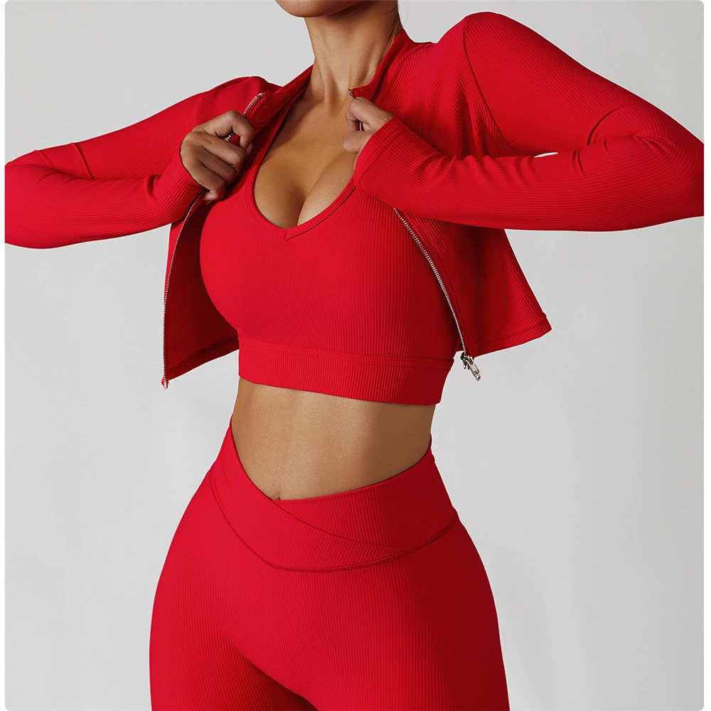 Veste de sport pour femmes, chemises de yoga, haut de gym, fermeture éclair, coupe ajustée, vêtements de course, deux pièces pour entraînement physique.