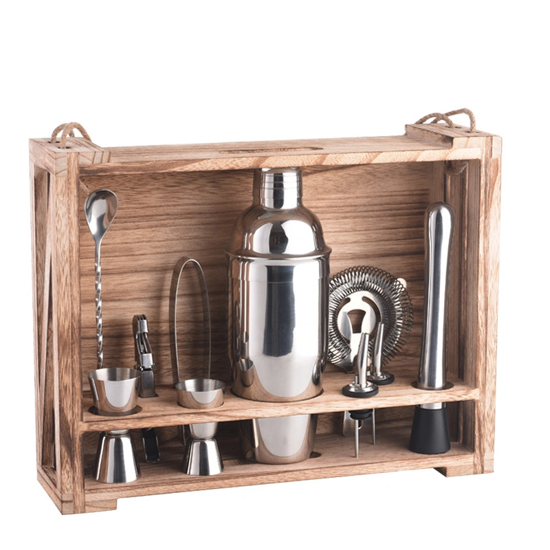 Kit Mixology barman : 11 pièce de jeu d'outils La barre avec socle en bois rustique