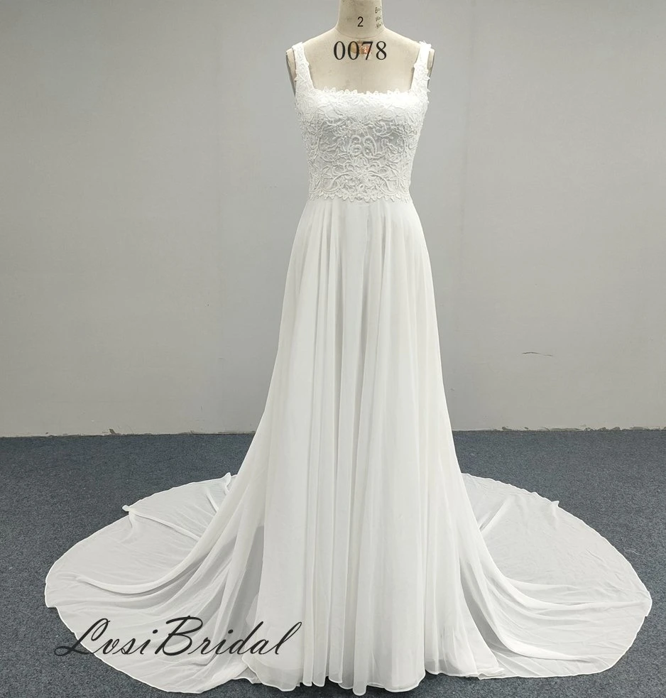 0078 Square Neckline Lace with Chiffon Wedding Dress Long Train Direct Production of Wedding Dresses by The Factory