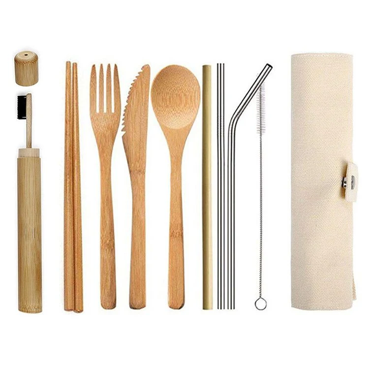 Amazon Hot Sell Fast Delivery Factory Directly Bamboo Cutlery Set for Travel with Linen Bag