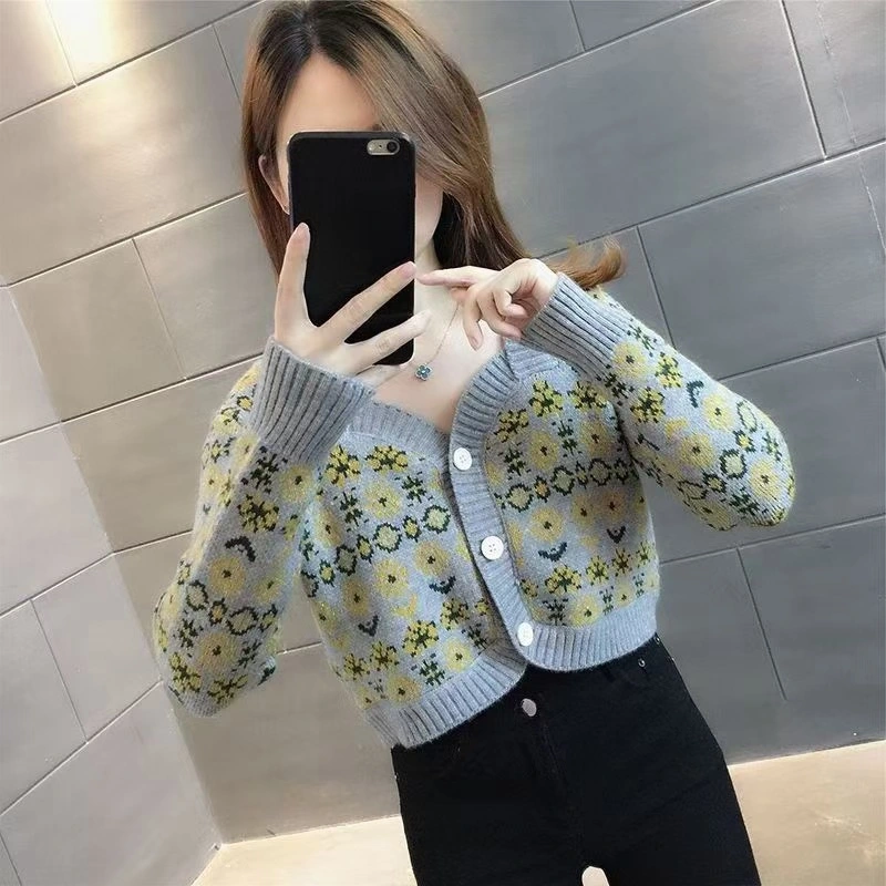 Floral corto abrigo Mujer Otoño 2023 Nuevo Diseño de Moda Chic chaqueta tejida sentido fuera de la mayorista Top