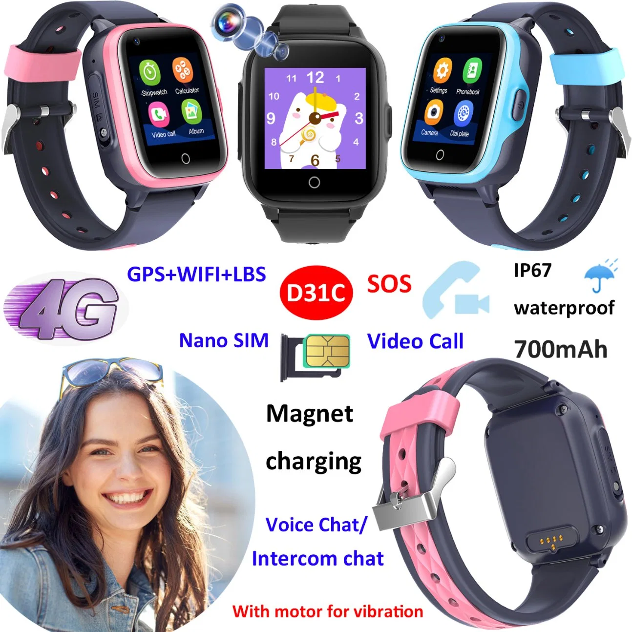 4G LTE China manufacturer Water resistance IP67 Smart GPS Watch tracker phone with video call D31C