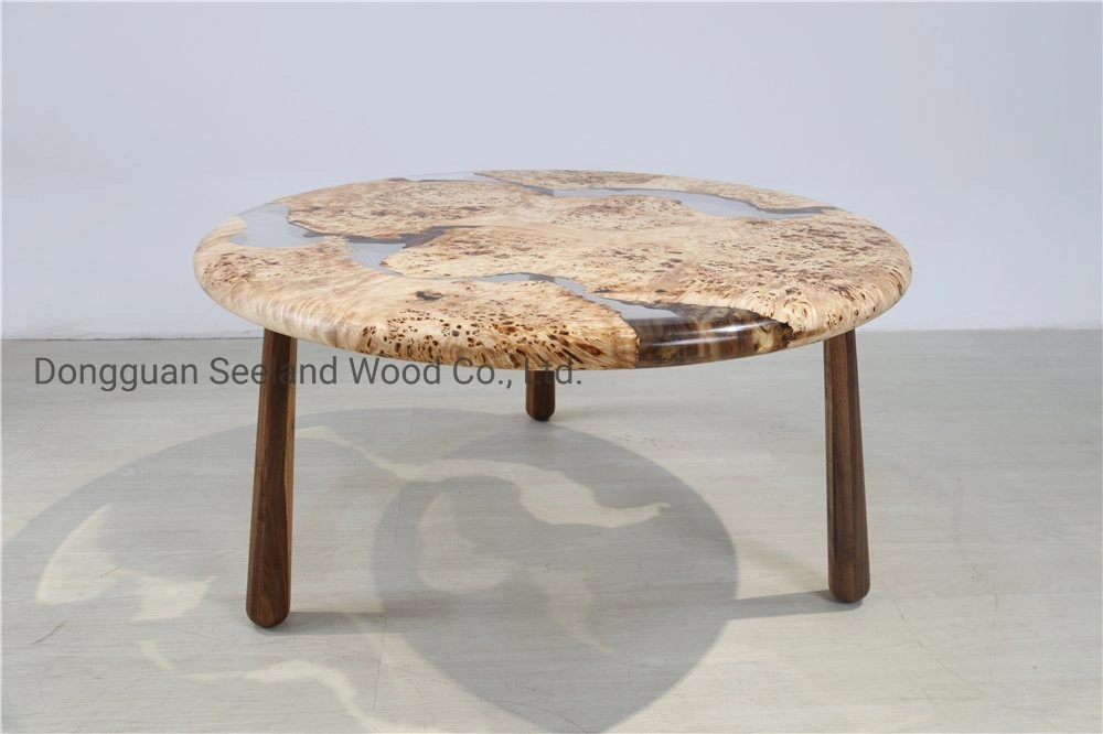 Custom Poplar Burl Wood Texture Epoxy Round Coffee Table for Modern Furniture