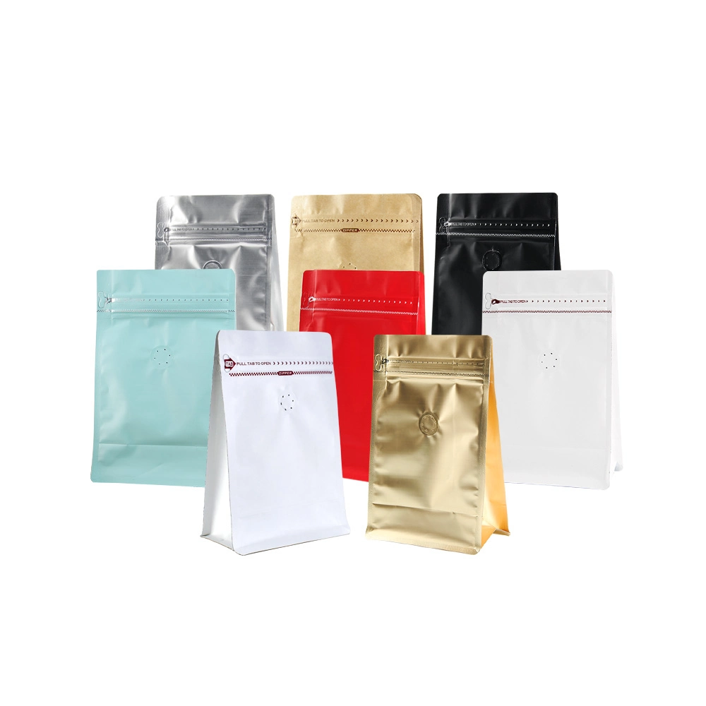 Coffee Packaging Quad Seal Side Gusset Pouch, Stand up Coffee Aluminum Foil Flat Bottom Pouch with Valve