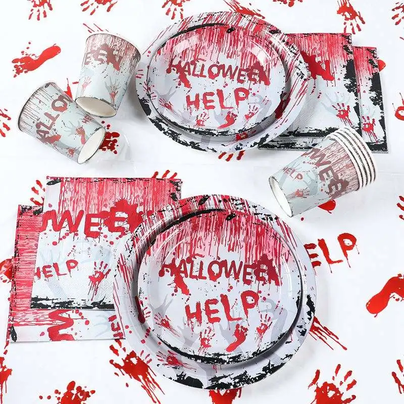Vajilla desechable sangre papel de mano taza Juego de plato Halloween Fiesta Suministros de decoración