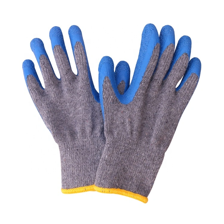 Blue Latex Grey Cotton Yarn Crinkle Finished Latex Coated Cotton Wrinkle Gloves