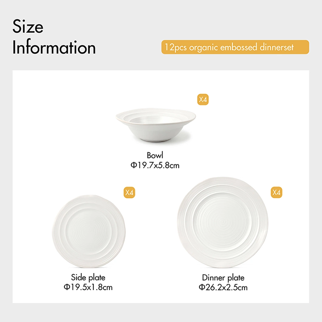 China Dinnerware Restaurante Louça 12PCS prato em relevo definir conjuntos de jantar orgânico de cerâmica de jantar