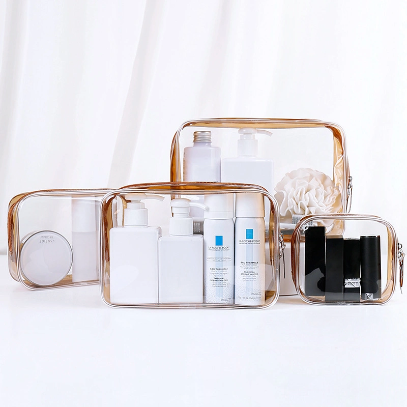 Conjunto de 4 peças de bolsa transparente em PVC para viagem à prova d'água para lavagem, maquiagem e cosméticos.