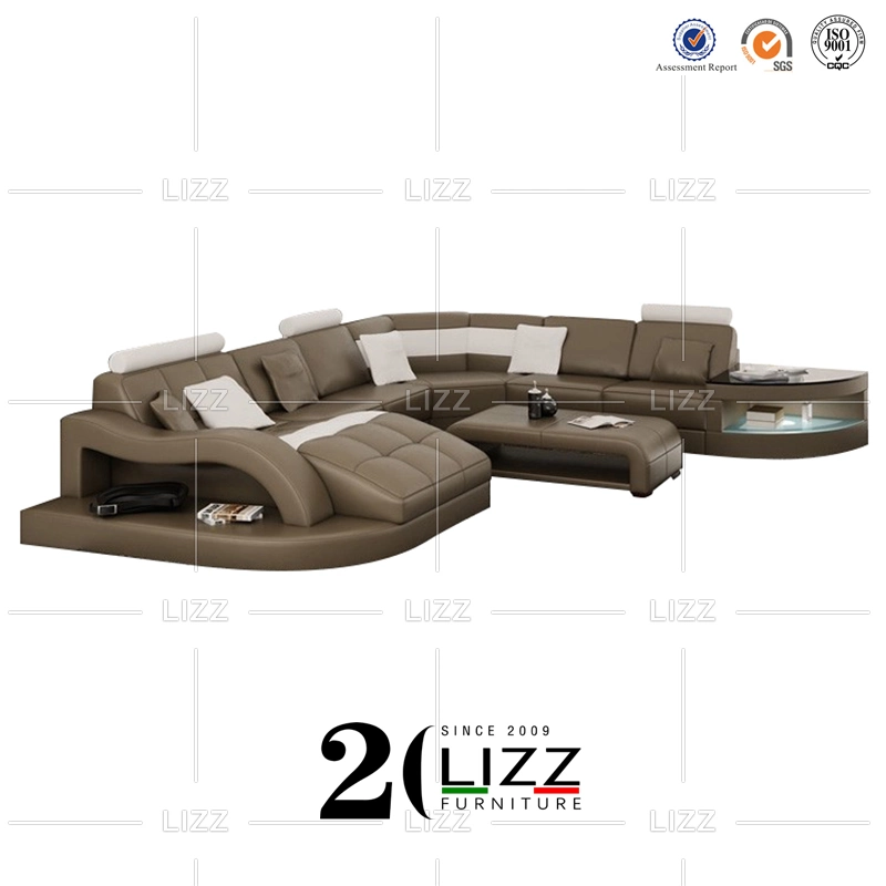 Modern Germany Style Living Room Furniture Wooden Genuine Leather Sofa