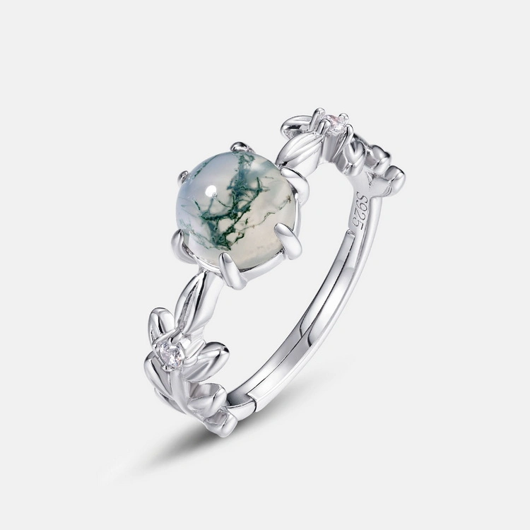 Moss Agate Engagement Ring Vintage Solid Silver Art Deco Dainty Unique Round Bridal Promise Ring