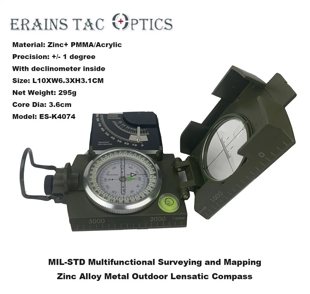 La topografía y Maping Mil-Std Gradiometer Noctilucent Montañismo Polo plegable de metal de zinc metal marchando Lensatic multifunción de la brújula (ES-K4074)