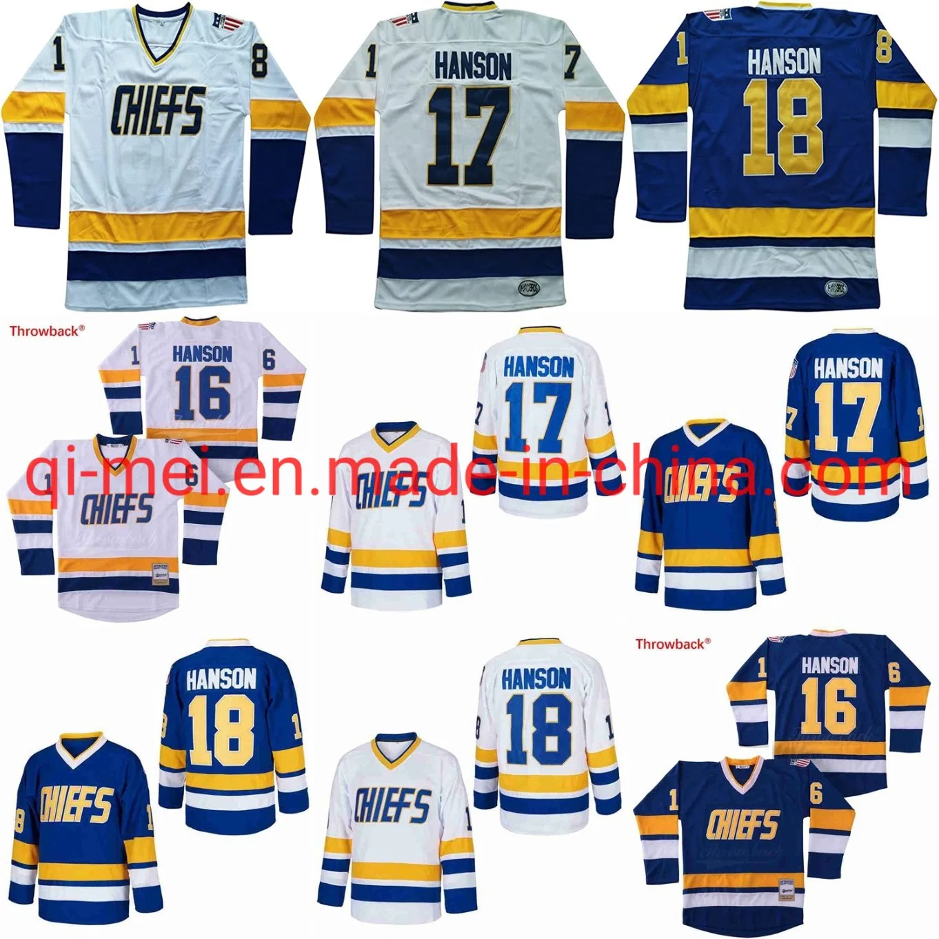 Hanson Brothers Charlestown Chiefs 16 Jack 17 Steve 18 Jeff Slap Shot Movie White Blue Hockey Jerseys