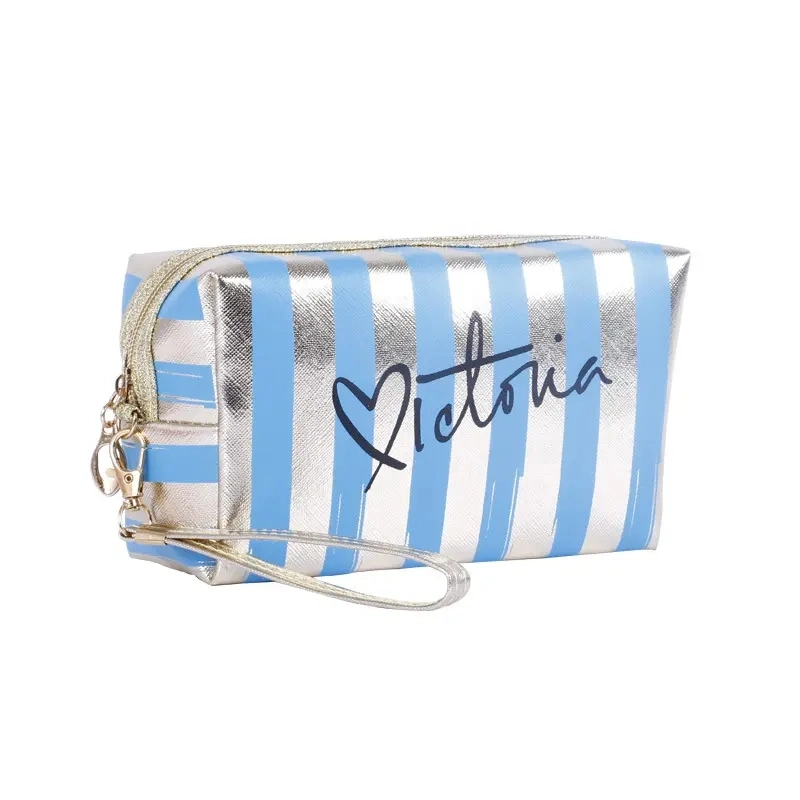 Customized Striped Waterproof Laser Cosmetic Bag Women Neceser Make up Storage Bag PVC Pouch Wash Toiletry Travel Organizer Case