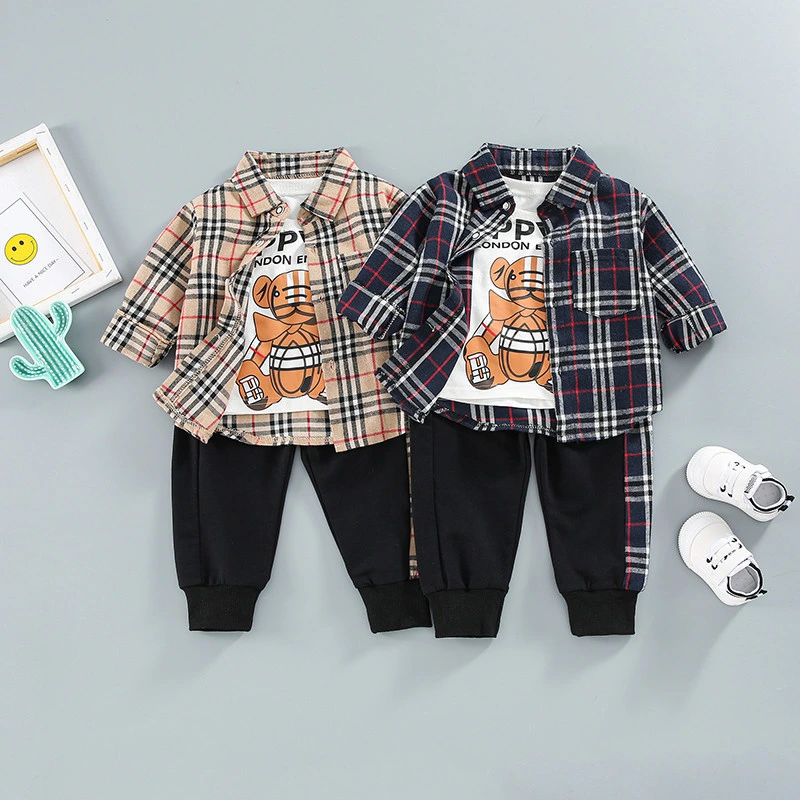 Nuevo diseño Baby Boy Set Camiseta+Camisetas de manga larga con rejilla+ algodón Pantalones ropa para niños