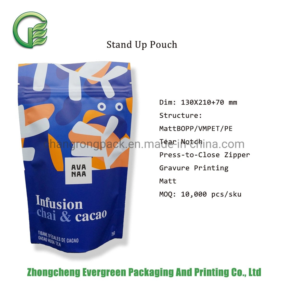Custom Packaging Aluminium Foil Laminated Plastic Food Packaging Mattbopp/Vmept/PE Chocolate Cocoa Chia Powder Doypack Stand up Pouch