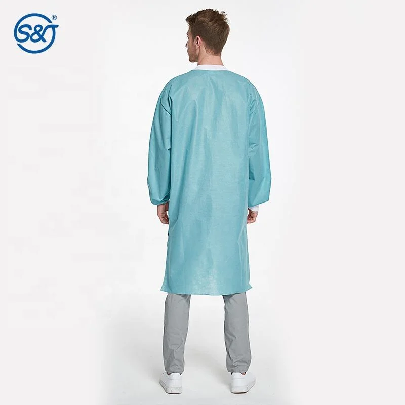 SJ Disposable Clothing Blue Pink SMS Breathable Fluid Resistant Lab Coat with Pockets Knitted Collar and Cuffs